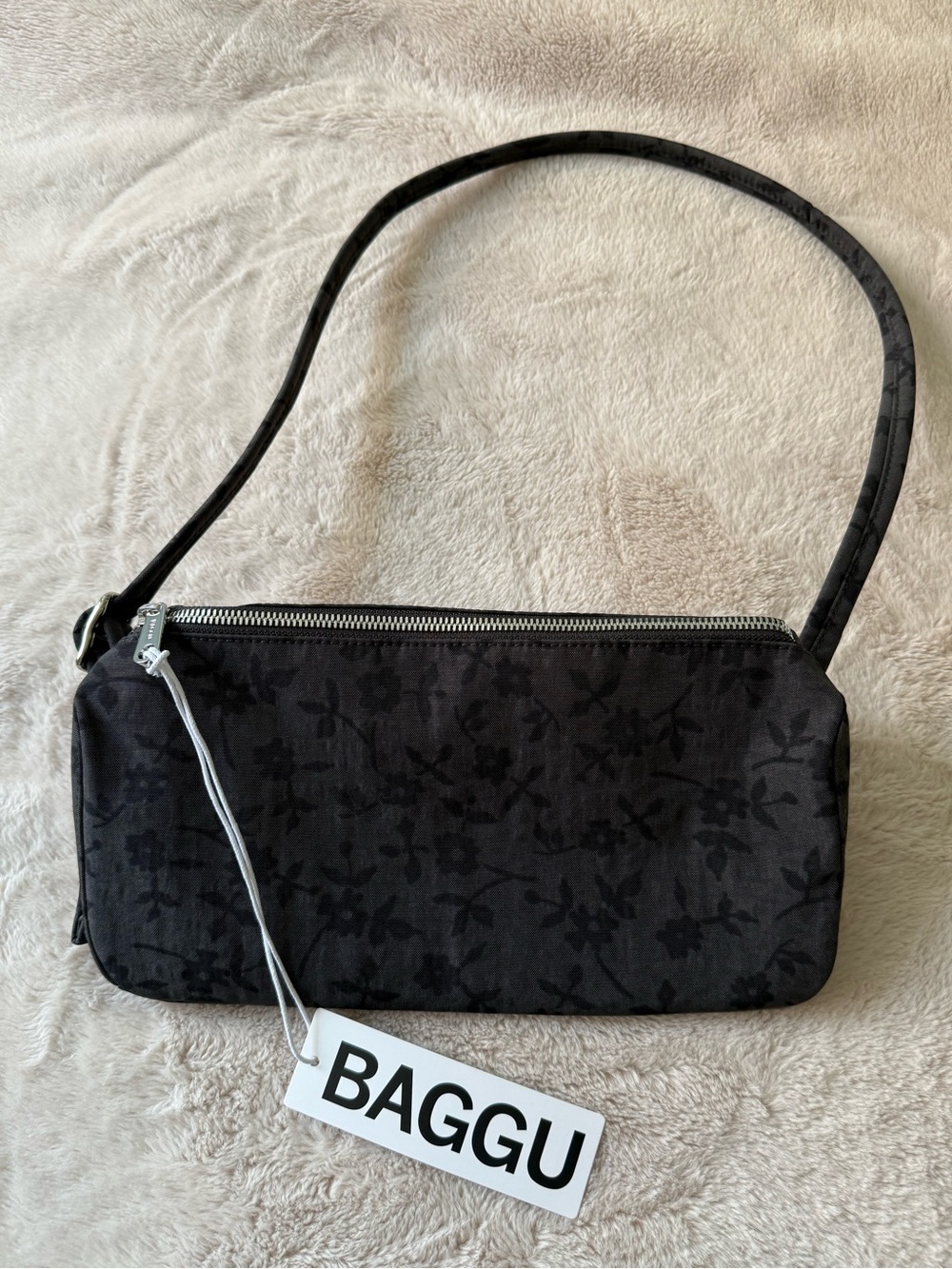 NWT BAGGU Nylon Loaf Bag Charcoal Ditsy Floral